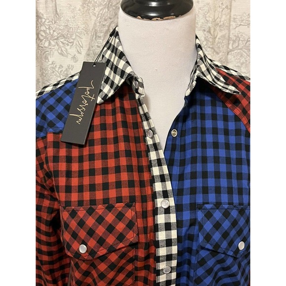 NWT! Petersyn x Revolve •S• Carnaby Tartan Plaid Red White Blue Shirt Pearl Snap - Picture 5 of 12